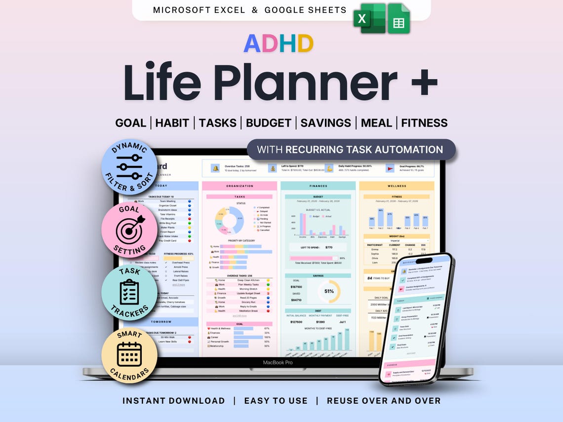 Life Planner Google Sheets Excel Daily Planner Budget Tracker Habit Tracker