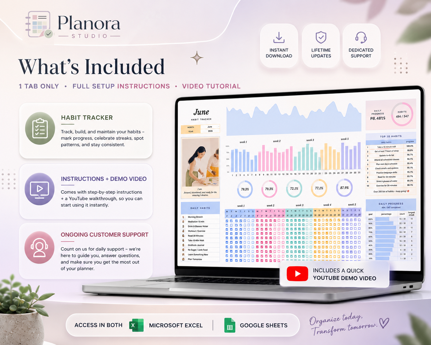 Habit Tracker Dashboard | Google Sheets & Excel Template